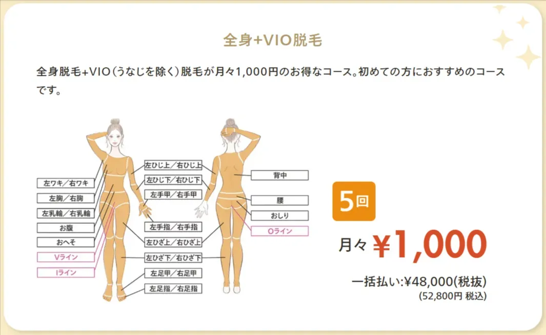 レジーナクリニックの医療脱毛は全身+VIO5回分の脱毛が月々1,000円から利用できる