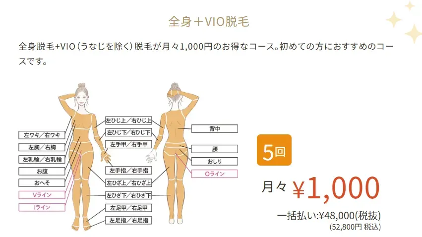 全身＋VIO脱毛　5回で月々1,000円