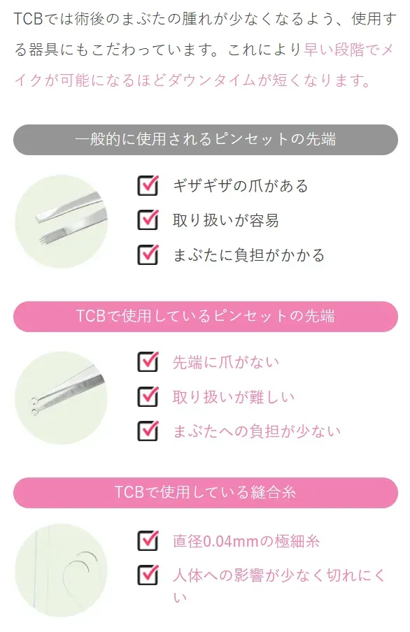 TCBでは術後のまぶたの腫れが少なくなるよう、使用する器具にもこだわっています