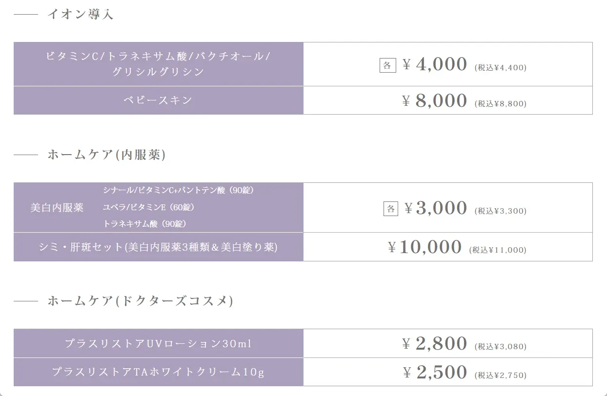 ルラ美容クリニックのルメッカの施術後のオプション一覧