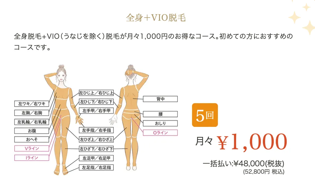 レジーナクリニックの月々1,000円の医療脱毛コース