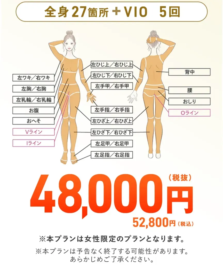 レジーナクリニックの全身+VIO5回の医療脱毛