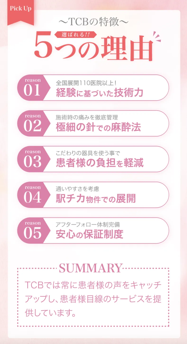 TCBの美容医療が選ばれ続けている5つの理由