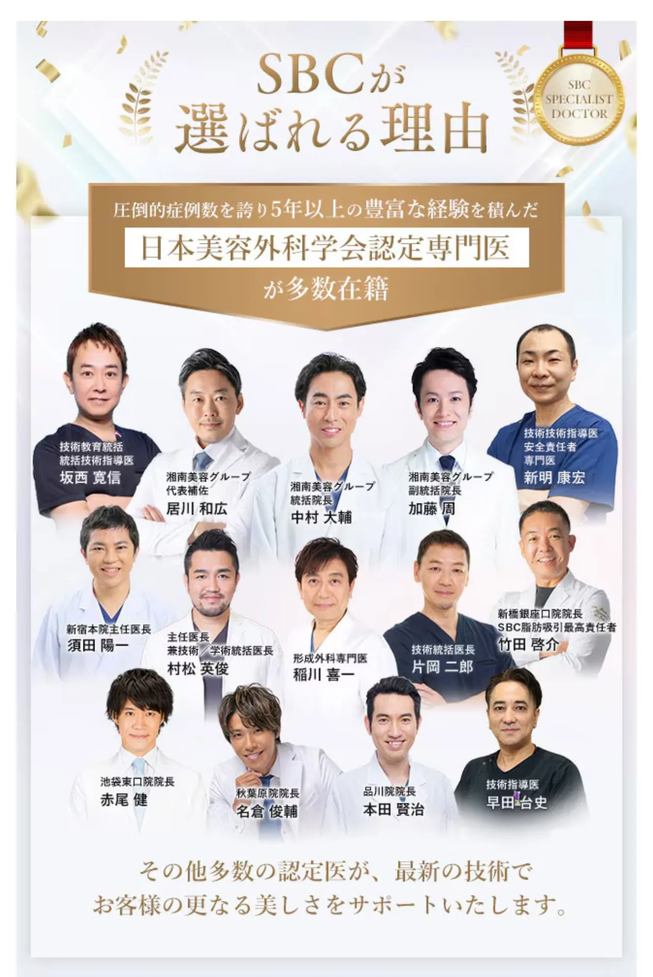 湘南美容クリニックには、5年以上の豊富な経験を積んだ日本美容外科学会認定専門医が多数在籍