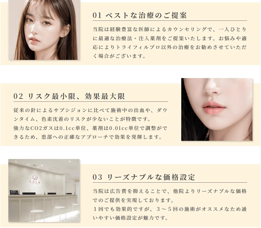 名古屋のトライフィルプロができるクリニック ルラ美容外科クリニックのトライフィルプロの詳細説明