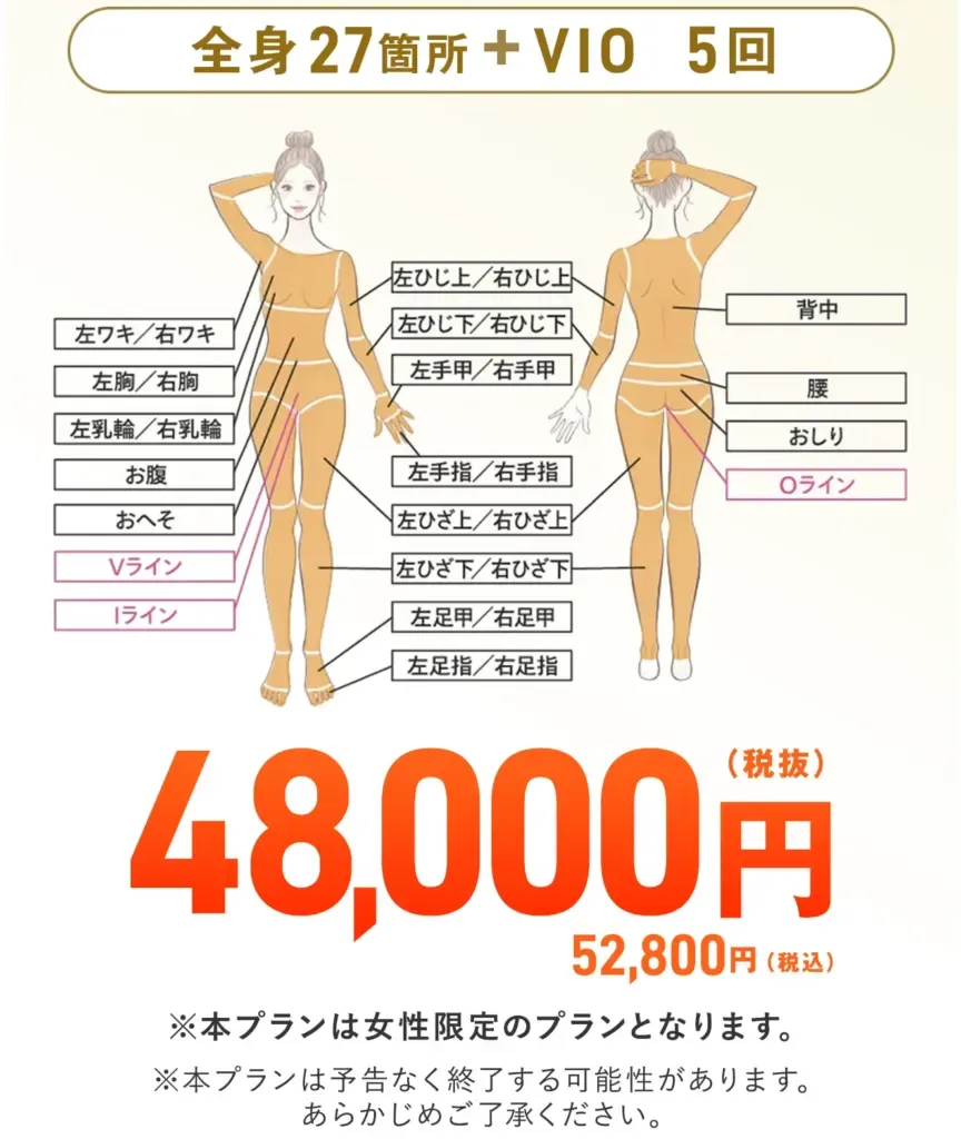 大阪でジェントルマックスプロの都度払いが安い医院　レジーナクリニックのLP画像　脱毛可能箇所