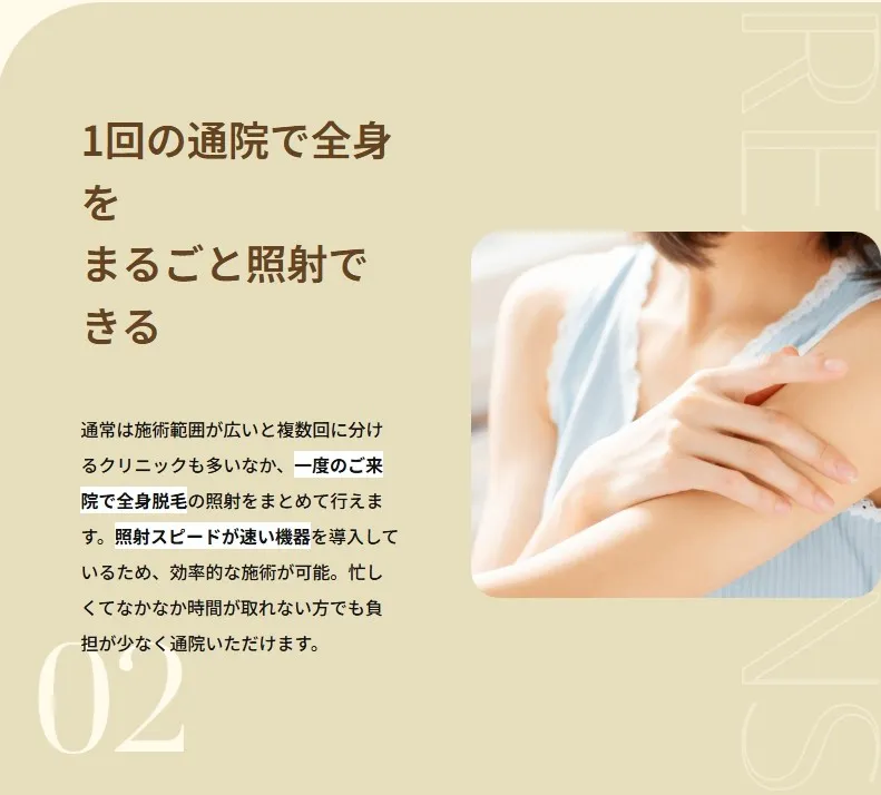 大阪でジェントルマックスプロの都度払いが安い医院　レジーナクリニックのLP画像　全身照射可能