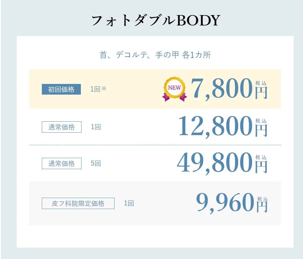 仙台でフォトフェイシャルが安いおすすめのクリニック【専門家が調査】|湘南美容クリニックのフォトダブルボディの価格表