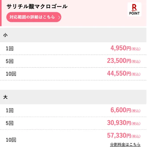 仙台にある湘南美容クリニックのケミカルピーリングの料金表