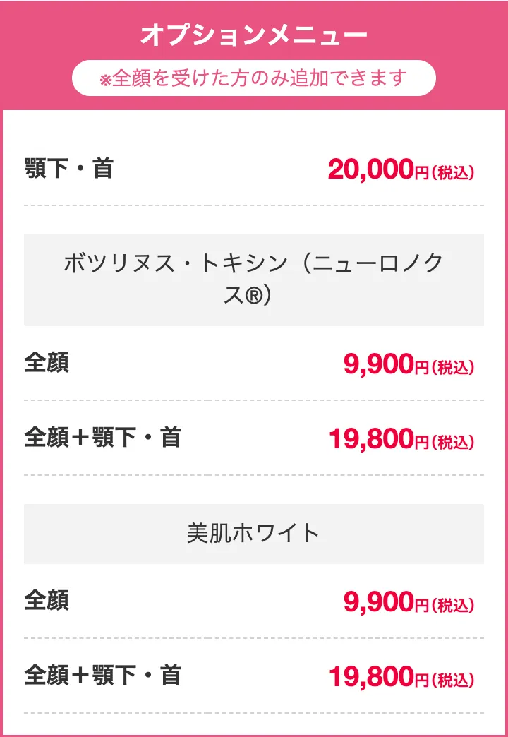 品川美容外科 エリシスセンス オプションメニュー