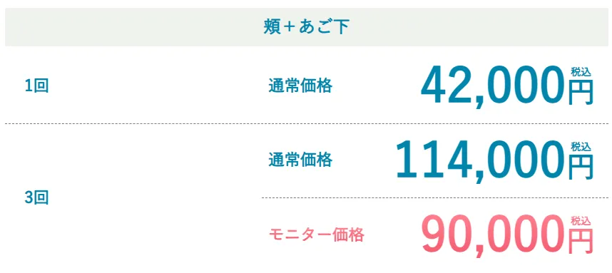 千葉でオンダリフトが安いおすすめのクリニック　湘南美容クリニックのLP画像　頬+あご下の料金案内