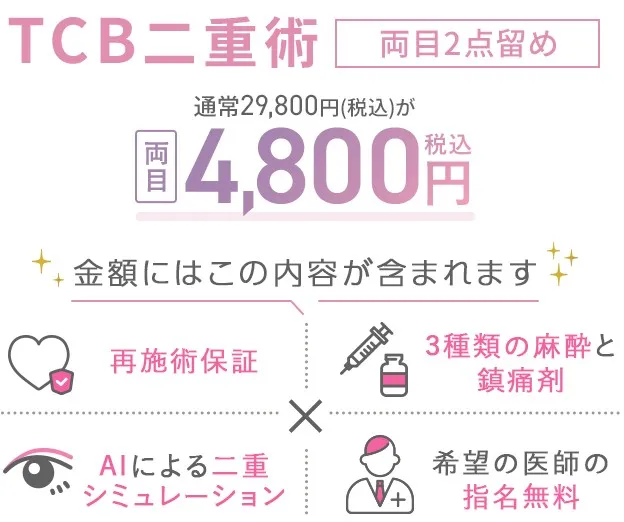 TCB二重術 両目2点留め 通常29,800円(税込)を初回限定クーポン適用で税込4,800円で受けられる