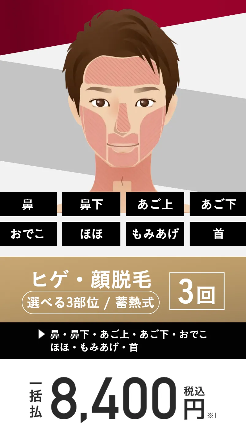 メンズエミナルのヒゲ・顔脱毛3回の蓄熱式脱毛が8,400円(税込)