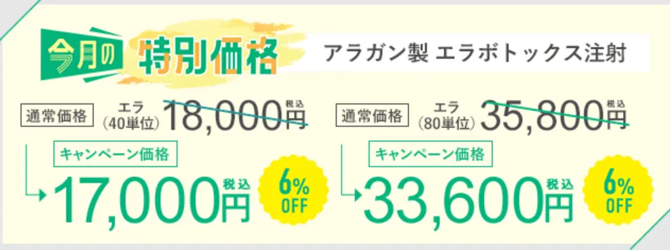SBC湘南美容クリニックの5月の月替わりキャンペーン　アラガン製ボトックス（エラ）の料金②