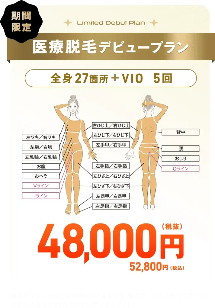 レジーナクリニックの医療脱毛デビュープラン全身+VIO+顔5回コース