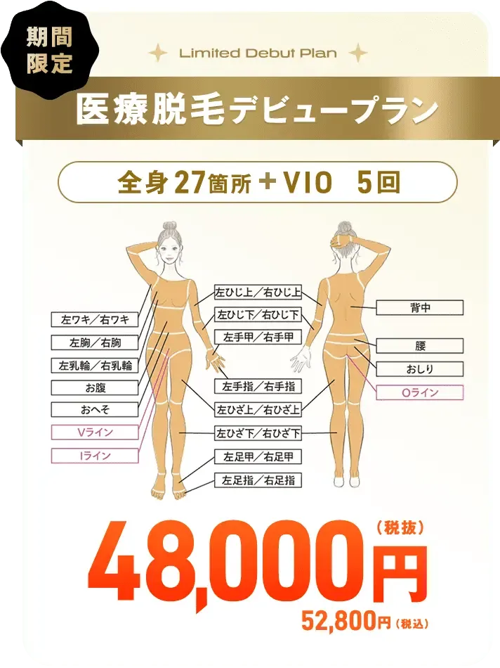 レジーナクリニックの医療脱毛デビュープラン全身+VIO5回コース