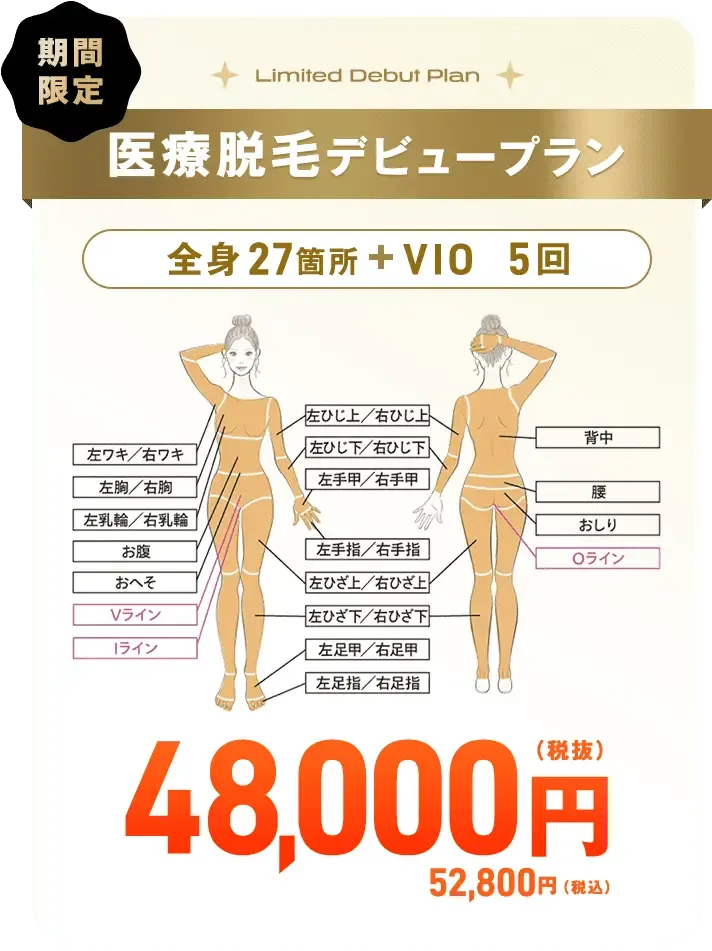 レジーナクリニックの医療脱毛デビュープラン全身+VIO5回コース