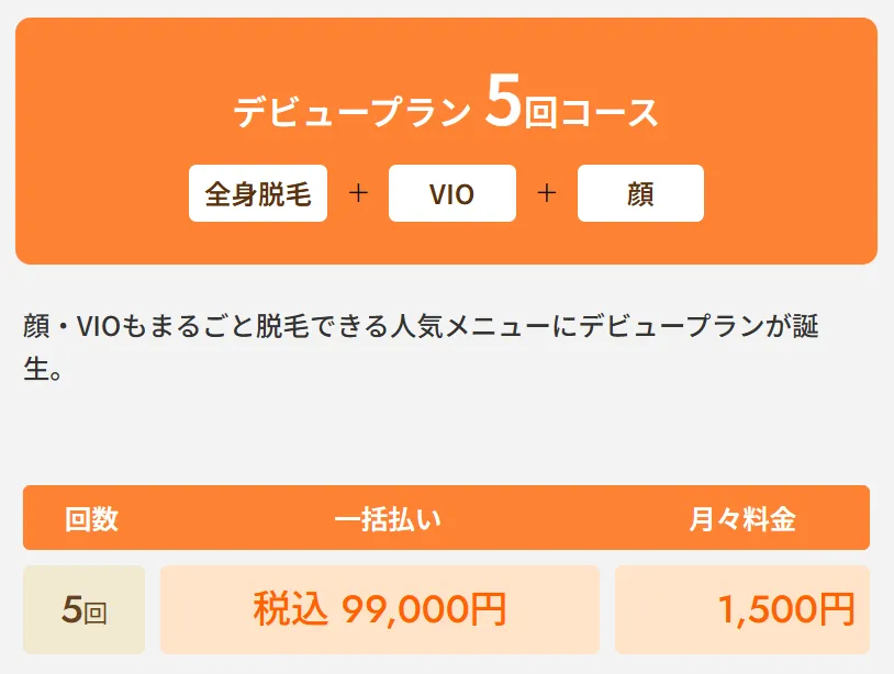 レジーナクリニックの医療脱毛デビュープラン全身+VIO+顔5回コース