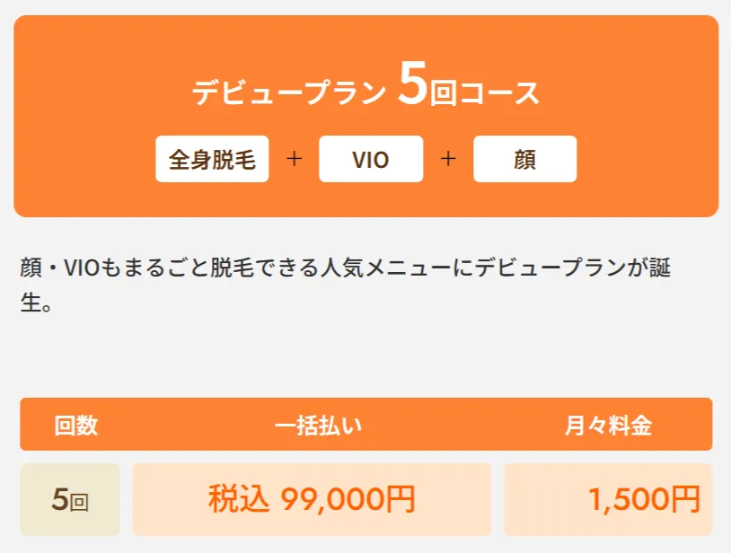 レジーナクリニックの医療脱毛デビュープラン全身+VIO+顔5回コース