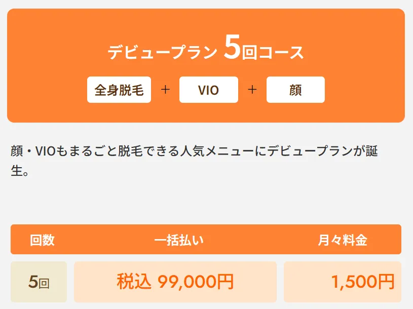 レジーナクリニックの医療脱毛デビュープラン全身+VIO+顔5回コース