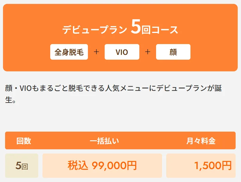 レジーナクリニックの医療脱毛デビュープラン全身+VIO+顔5回コース