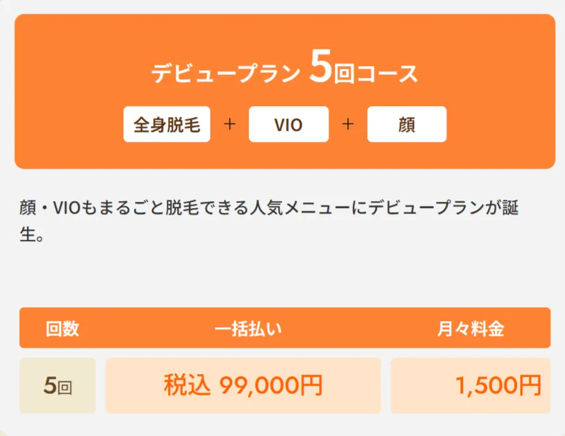 レジーナクリニックの医療脱毛デビュープラン全身+VIO+顔5回コース