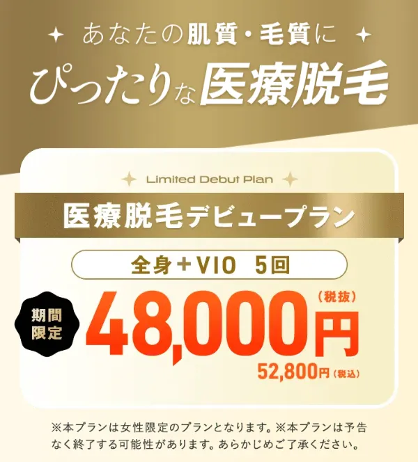 レジーナクリニックの医療脱毛デビュープランが全身+VIO5回が52,800円
