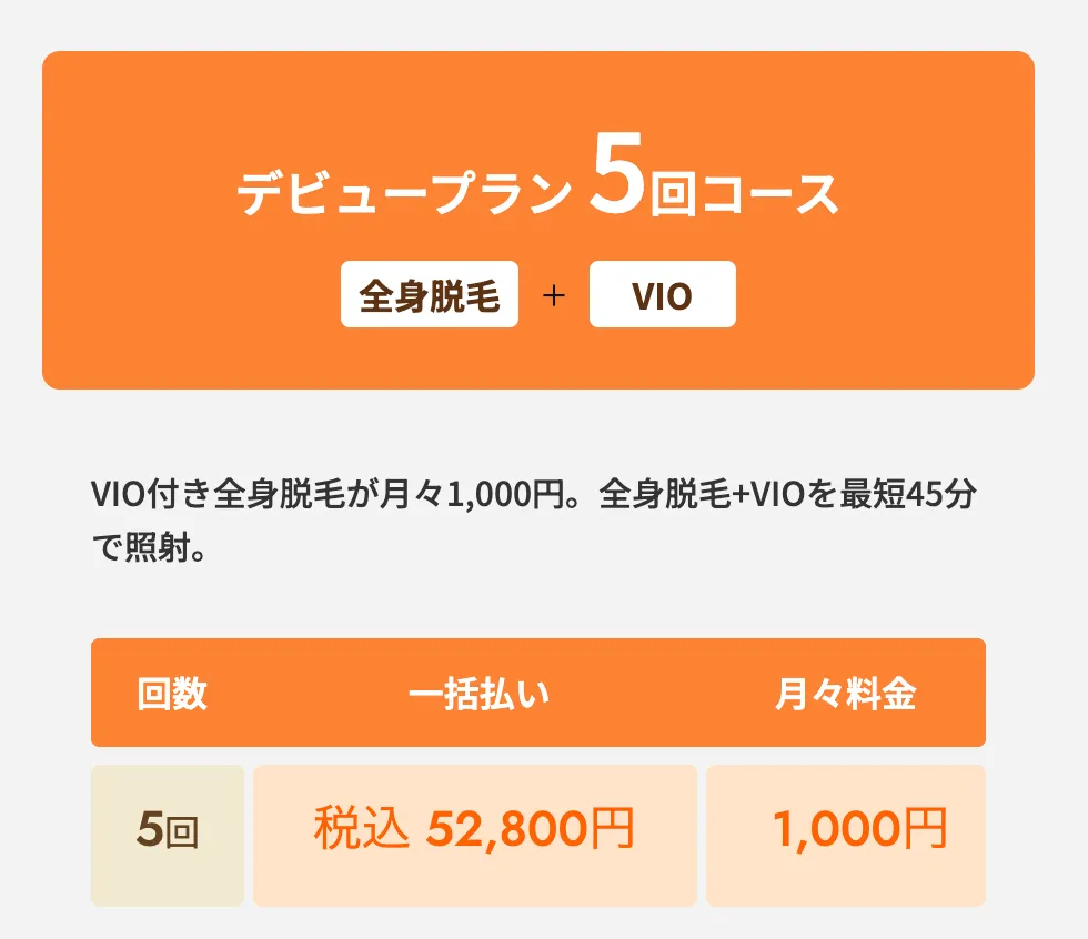 レジーナクリニックの全身脱毛+VIO5回コースが52,800円(税込)