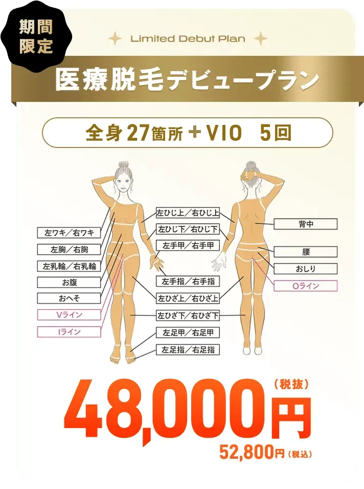 レジーナクリニックの医療脱毛デビュープラン全身+VIO5回コース